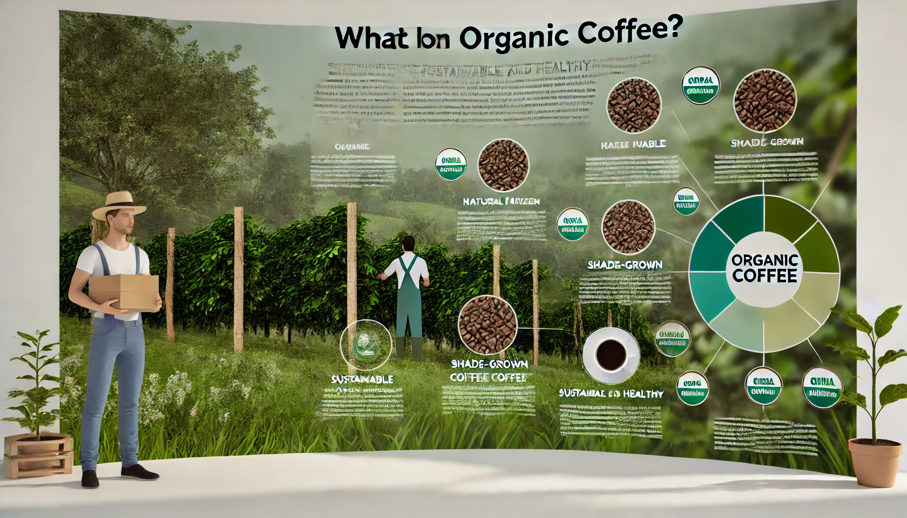 An informative scene explaining organic coffee The image features a coffee farm where organic practices are used such as natural fertilizers shade webp