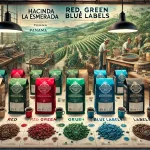 A detailed scene showcasing the different coffee labels from Panamas Hacienda La Esmeralda focusing on the Red Green and Blue labels The image fewebp