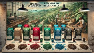 A detailed scene showcasing the different coffee labels from Panama's Hacienda La Esmeralda, focusing on the Red, Green, and Blue labels. The image fe.webp