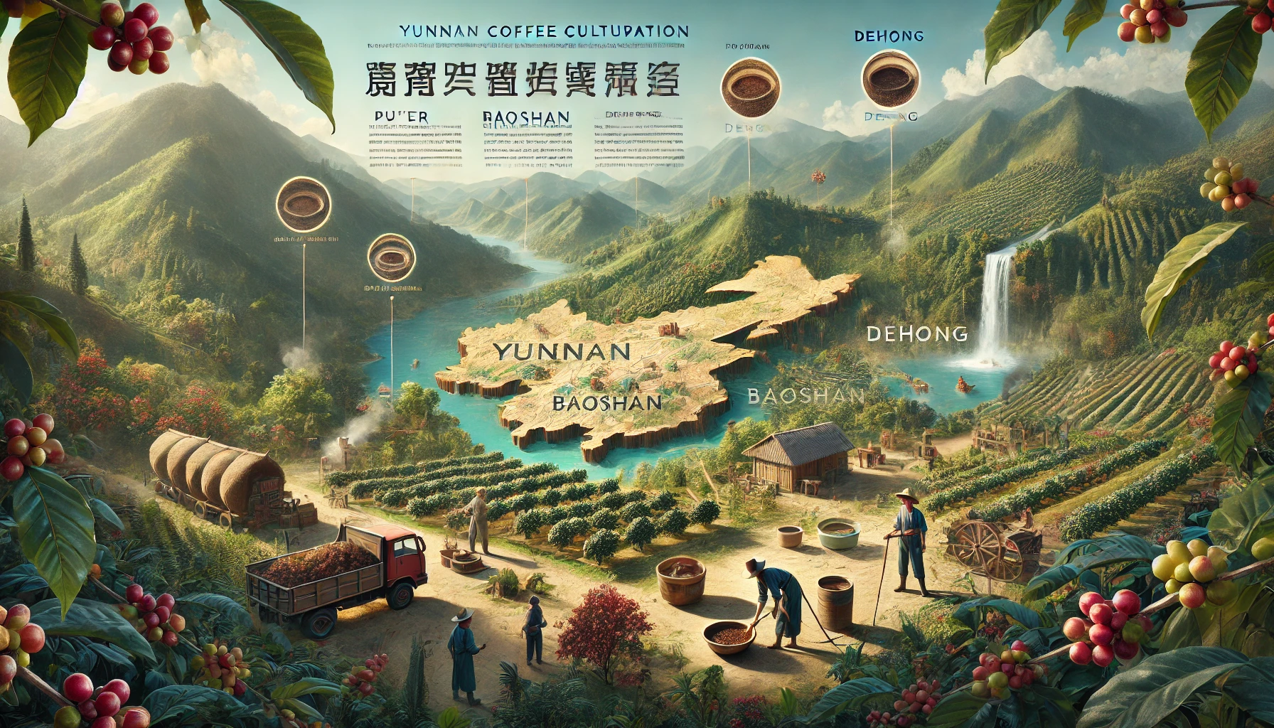 An informative scene illustrating the distribution of coffee cultivation in Yunnan China The image features a map of Yunnan province highlighting kwebp