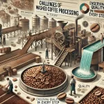 An educational scene highlighting the challenges of washing coffee beans The image features a coffee processing facility where coffee beans are underwebp