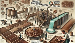 An educational scene highlighting the challenges of washing coffee beans. The image features a coffee processing facility where coffee beans are under.webp