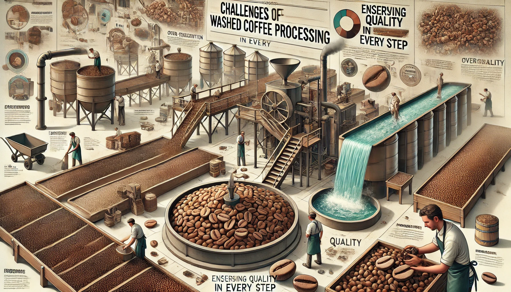 An educational scene highlighting the challenges of washing coffee beans The image features a coffee processing facility where coffee beans are underwebp