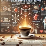 An informative scene explaining the effects and side effects of chlorogenic acid in coffee The image features a diagram of a coffee cup with labels pwebp