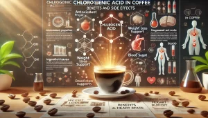 An informative scene explaining the effects and side effects of chlorogenic acid in coffee. The image features a diagram of a coffee cup with labels p.webp