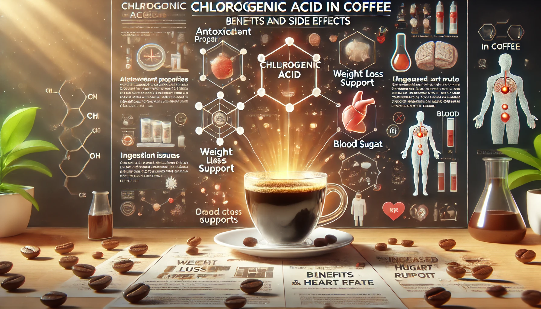 An informative scene explaining the effects and side effects of chlorogenic acid in coffee The image features a diagram of a coffee cup with labels pwebp