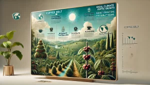 An educational scene illustrating the ideal climate for coffee tree growth. The image features a lush coffee plantation set in a tropical environment,.webp