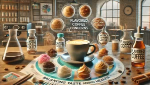 An informative scene exploring issues related to flavored coffee. The image features a coffee cup surrounded by various flavoring agents like vanilla,.webp