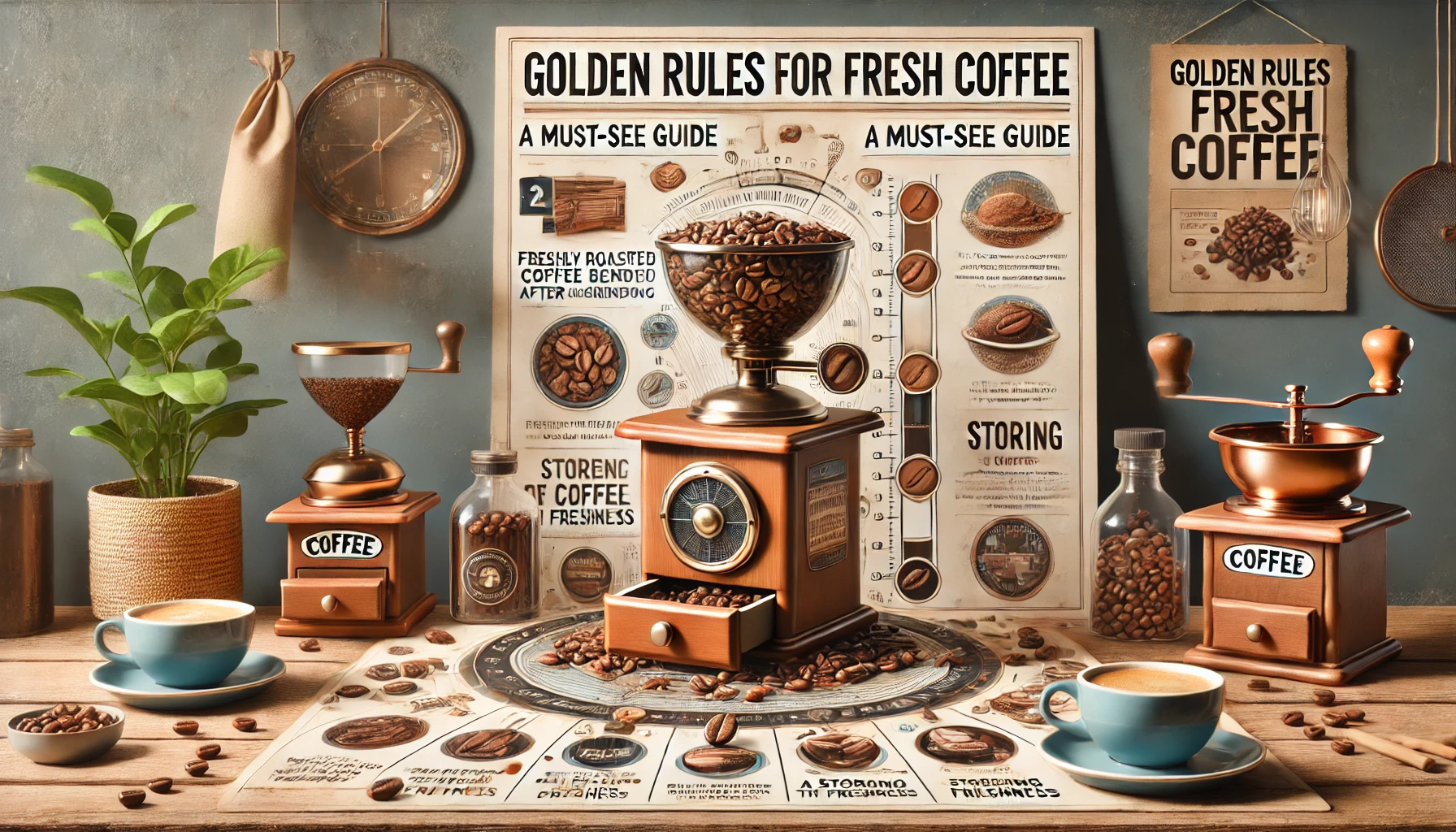 An engaging and educational scene illustrating the golden rules of fresh coffee The image features key elements like freshly roasted coffee beans a webp