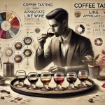 A sophisticated scene showing the process of tasting coffee similar to wine tasting The image features a person carefully sniffing swirling and siwebp