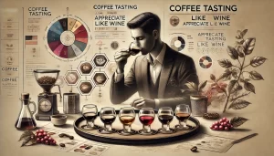 A sophisticated scene showing the process of tasting coffee, similar to wine tasting. The image features a person carefully sniffing, swirling, and si.webp