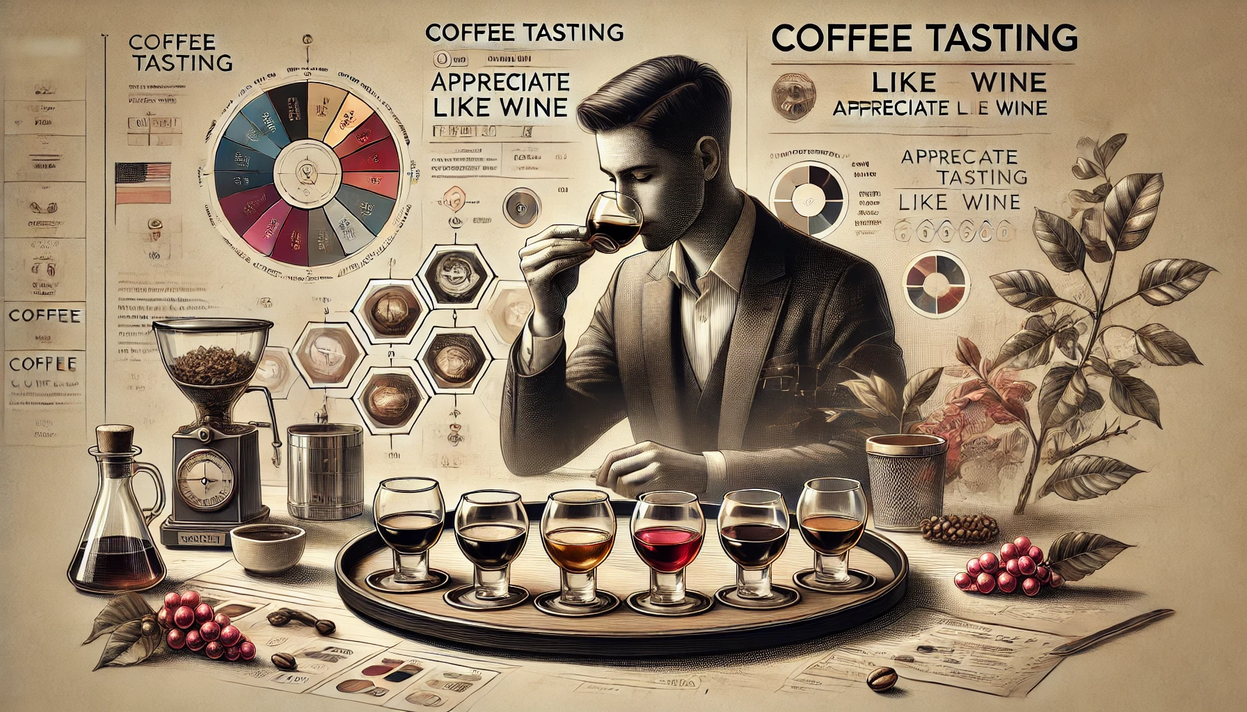 A sophisticated scene showing the process of tasting coffee similar to wine tasting The image features a person carefully sniffing swirling and siwebp