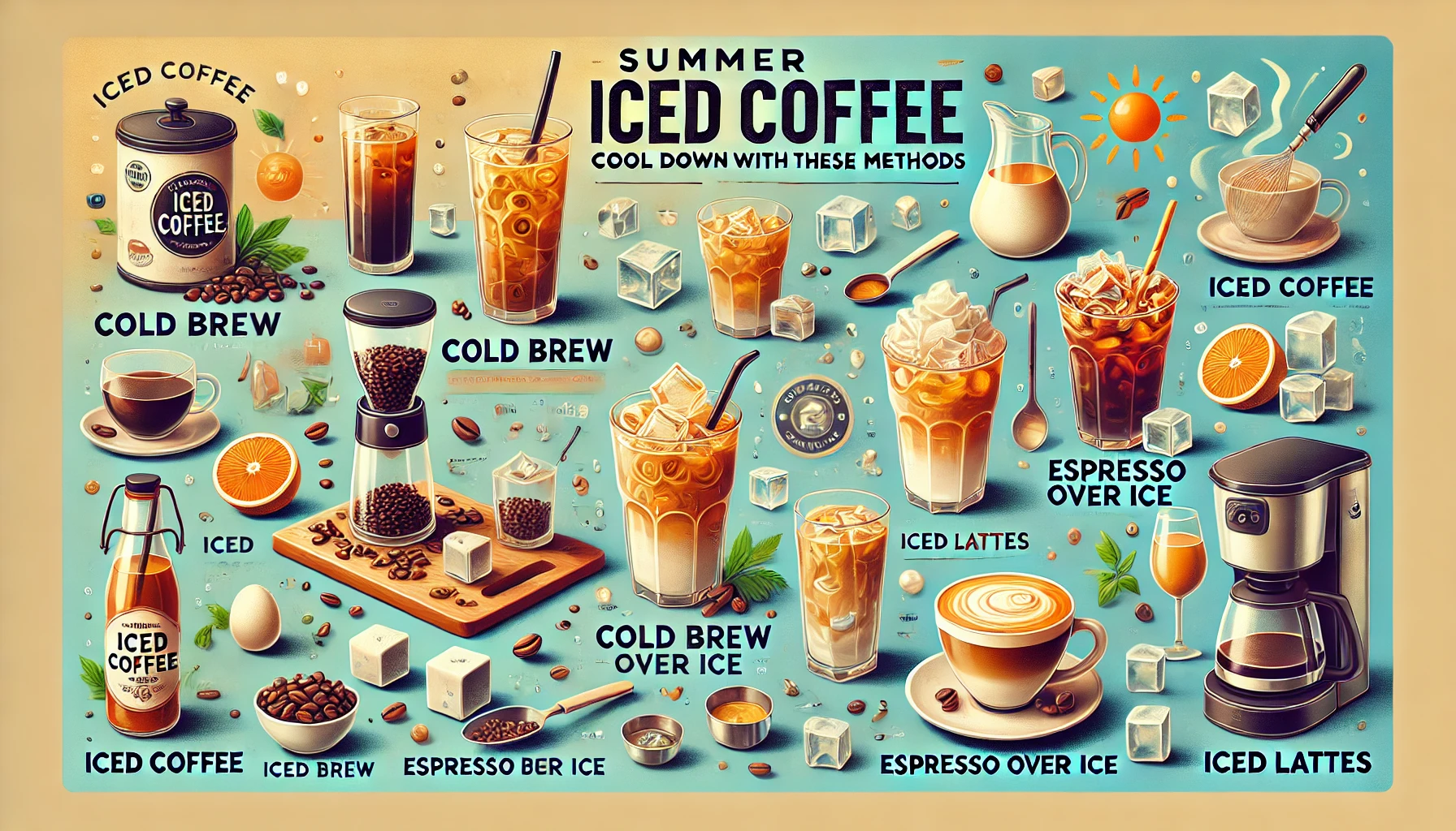 A vibrant and refreshing scene showing different methods of making iced coffee as summer begins The image features various ways to prepare iced coffewebp