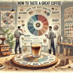 An educational scene showing the process of identifying the qualities of a good cup of coffee The image features a coffee expert or barista evaluatinwebp