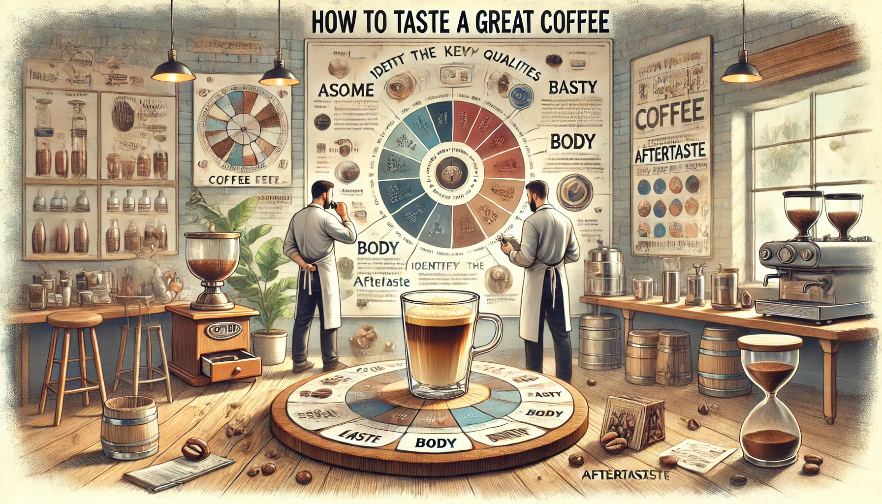 An educational scene showing the process of identifying the qualities of a good cup of coffee The image features a coffee expert or barista evaluatinwebp