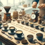 A detailed scene showing the process of cupping coffee at home before making a pour over The image features a person setting up a coffee cupping sesswebp