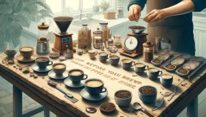 A detailed scene showing the process of cupping coffee at home before making a pour-over. The image features a person setting up a coffee cupping sess.webp