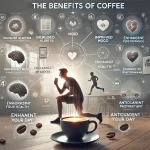 An informative scene illustrating the various benefits and effects of coffee The image features a person enjoying a cup of coffee with visual represwebp