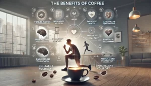 An informative scene illustrating the various benefits and effects of coffee. The image features a person enjoying a cup of coffee, with visual repres.webp