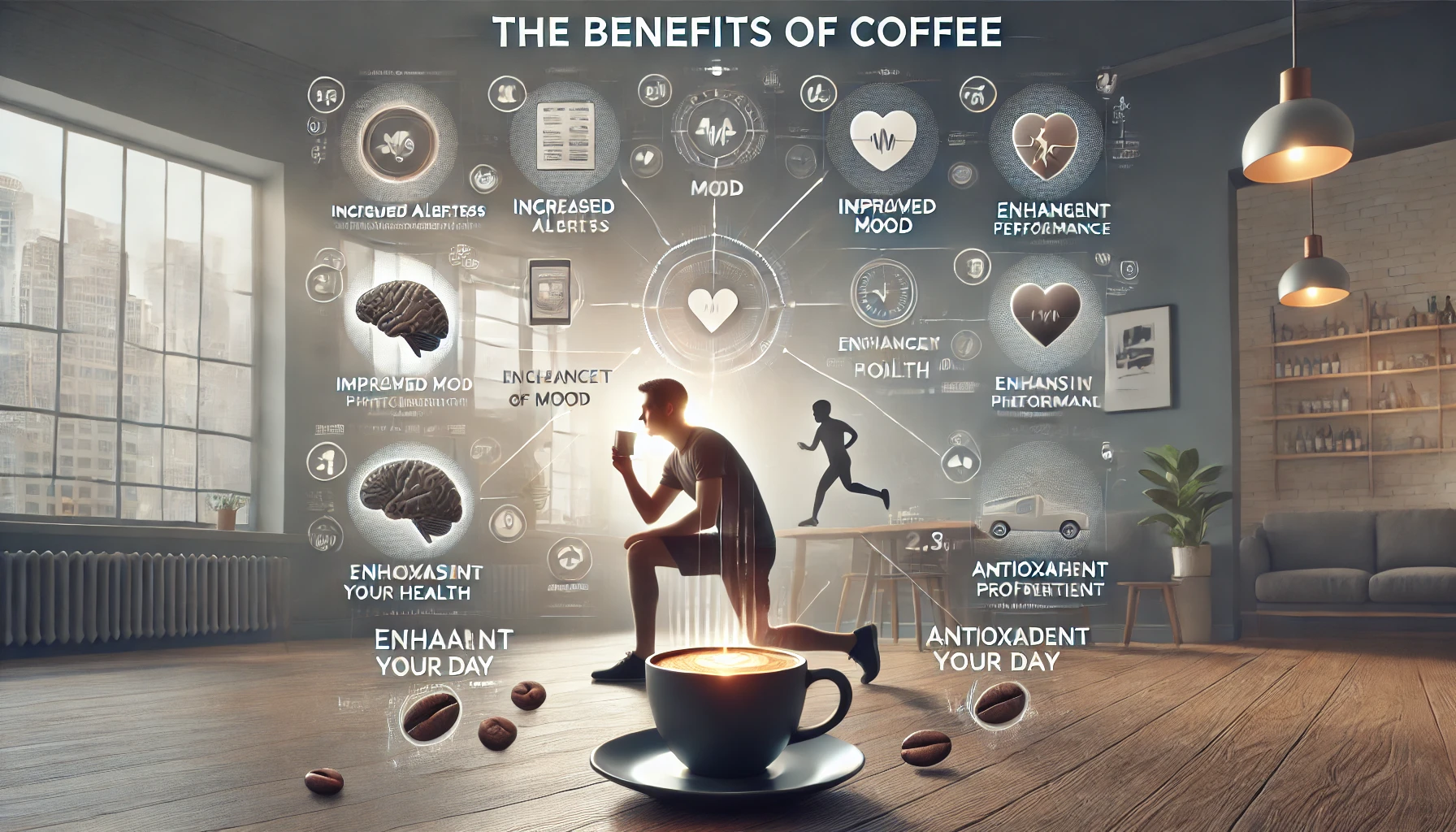 An informative scene illustrating the various benefits and effects of coffee The image features a person enjoying a cup of coffee with visual represwebp