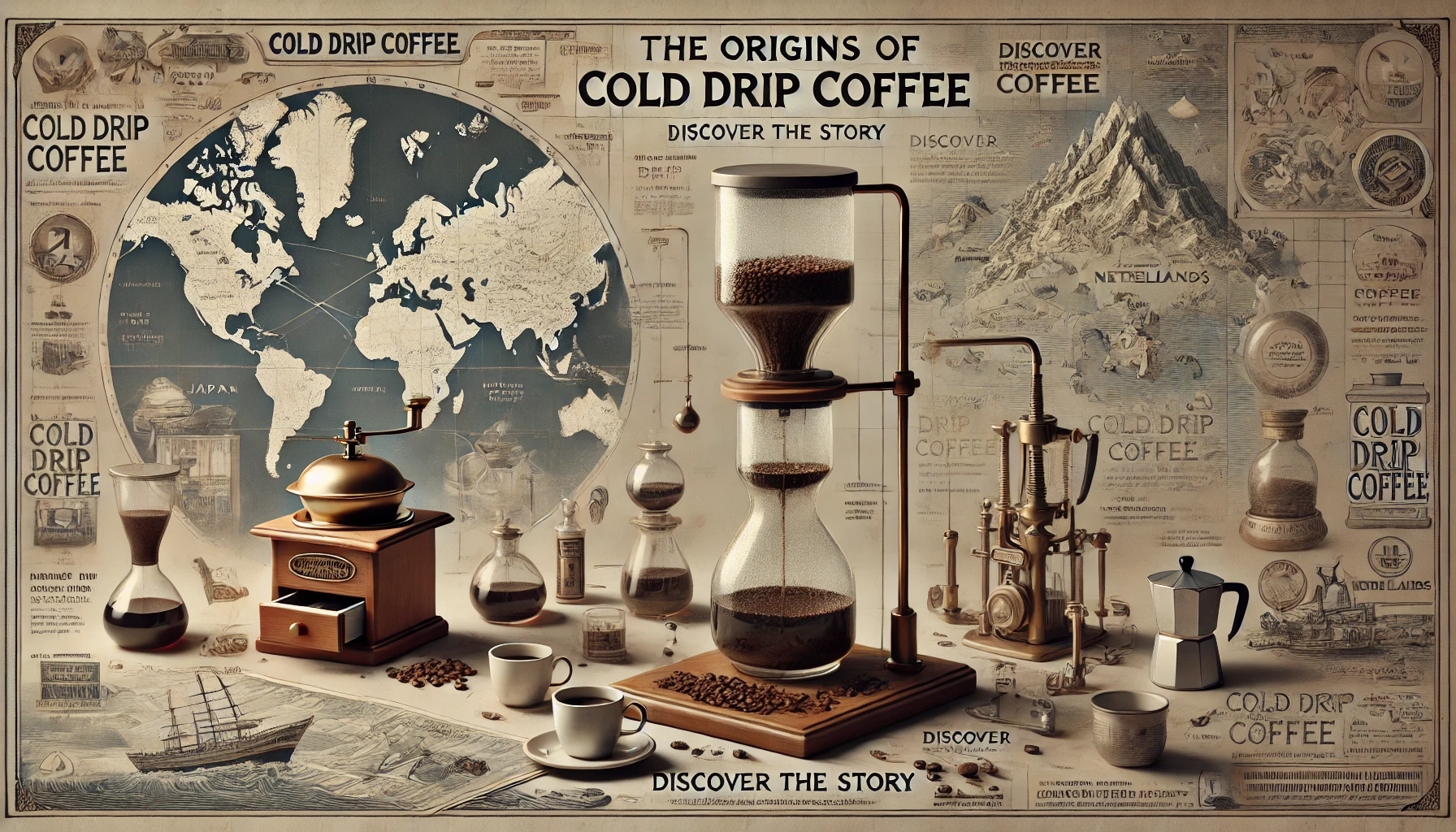 An educational scene illustrating the origins of cold drip coffee The image features a traditional cold drip coffee setup with water slowly drippingwebp