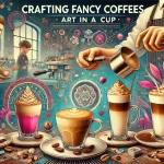 A vibrant scene showing the process of making specialty or fancy coffees The image features a barista carefully preparing various types of coffee driwebp