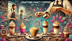 A vibrant scene showing the process of making specialty or fancy coffees. The image features a barista carefully preparing various types of coffee dri.webp