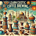 A vibrant and culturally rich scene showing the process of learning how to brew exotic coffee methods from around the world The image features variouwebp