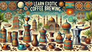 A vibrant and culturally rich scene showing the process of learning how to brew exotic coffee methods from around the world. The image features variou.webp