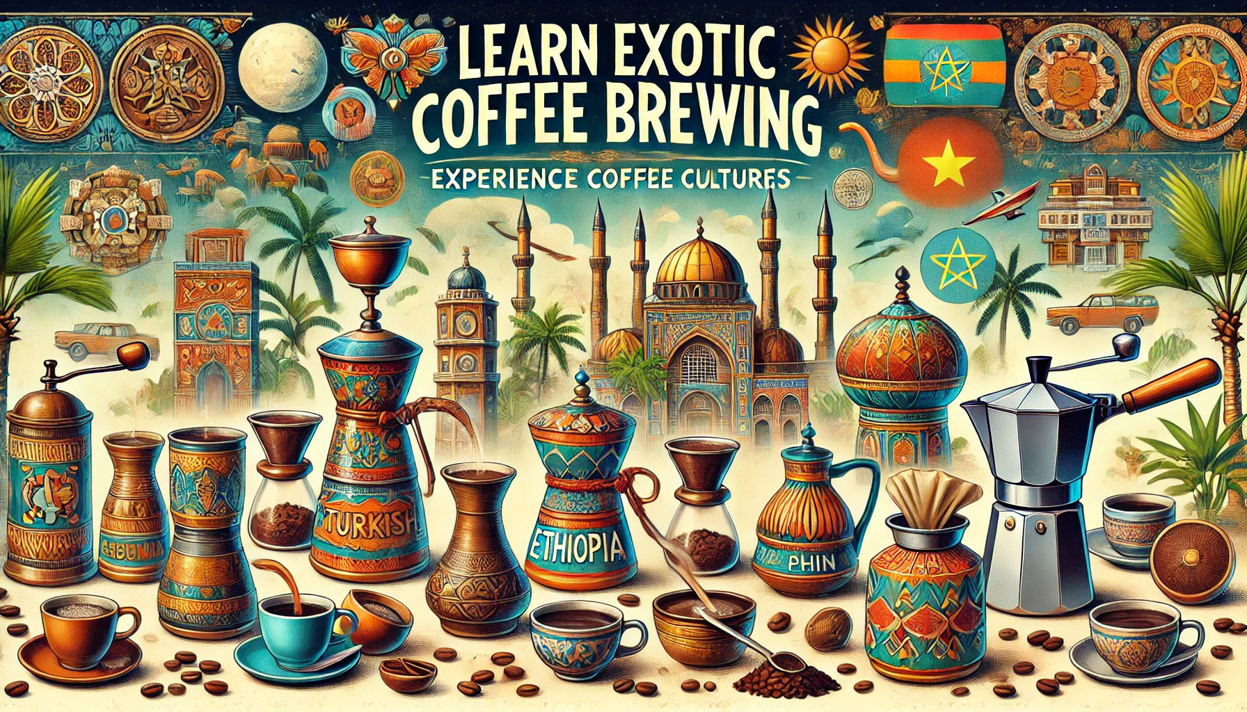 A vibrant and culturally rich scene showing the process of learning how to brew exotic coffee methods from around the world The image features variouwebp