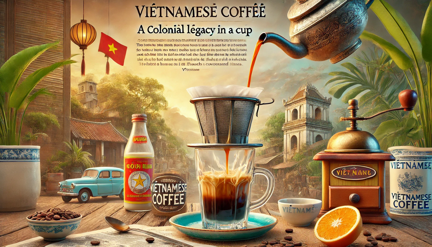 A vibrant scene showcasing the unique preparation and history of Vietnamese coffee highlighting its origins during French colonial times The image fwebp