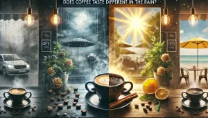 A moody and atmospheric scene depicting the difference in coffee flavor on a rainy day versus a sunny day. The image features two cups of coffee, one .webp