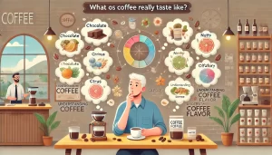 An educational scene explaining the true taste of coffee, focusing on the complexity of coffee flavor, which is a combination of taste and smell. The .webp