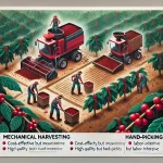 An educational scene illustrating the coffee harvesting process The image features two main methods mechanical harvesting and hand picking On one swebp