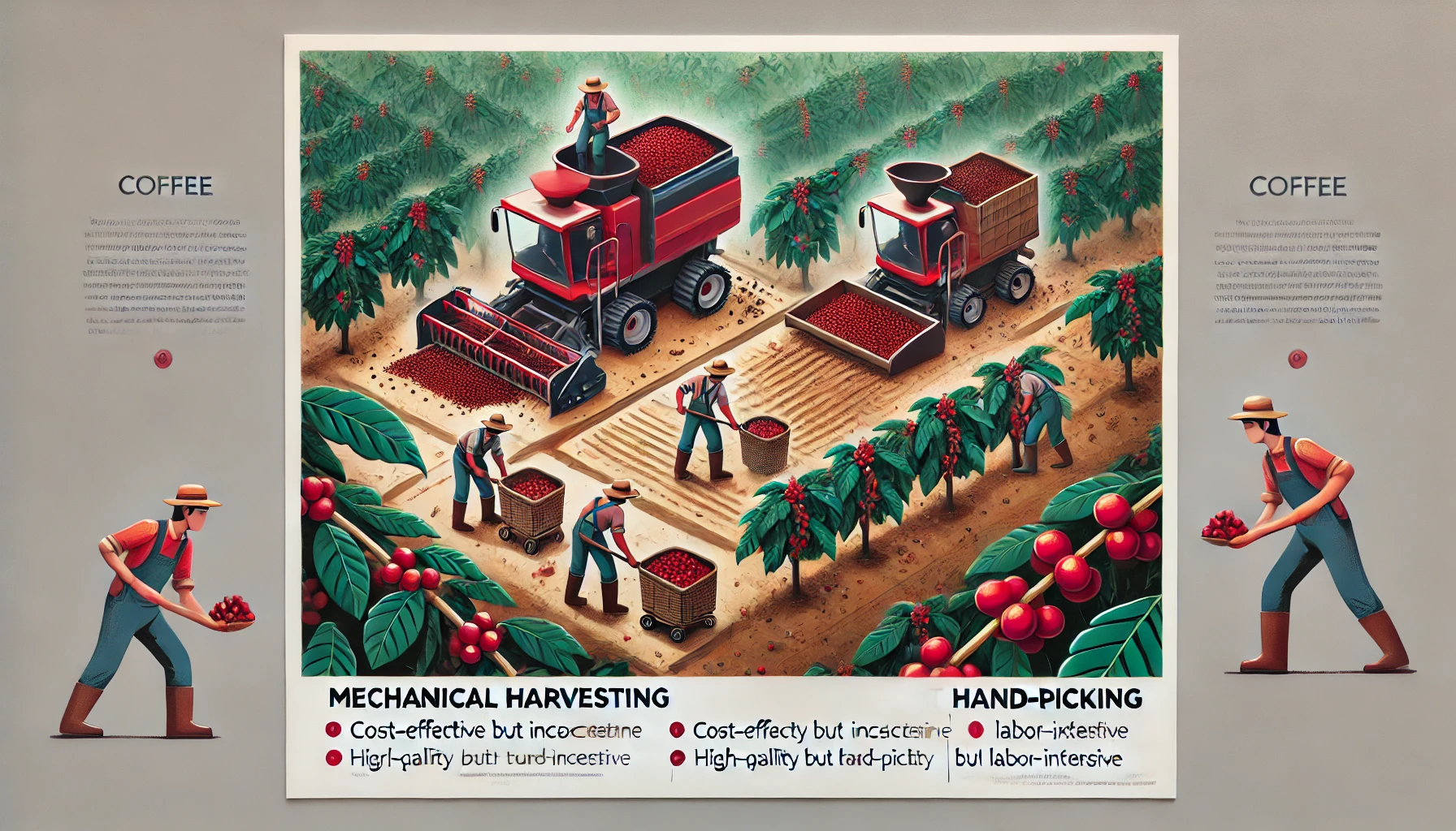 An educational scene illustrating the coffee harvesting process The image features two main methods mechanical harvesting and hand picking On one swebp