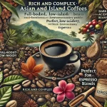 An evocative scene capturing the deep and rich flavors of Asian and island grown coffee beans The image highlights the characteristics of these beanswebp