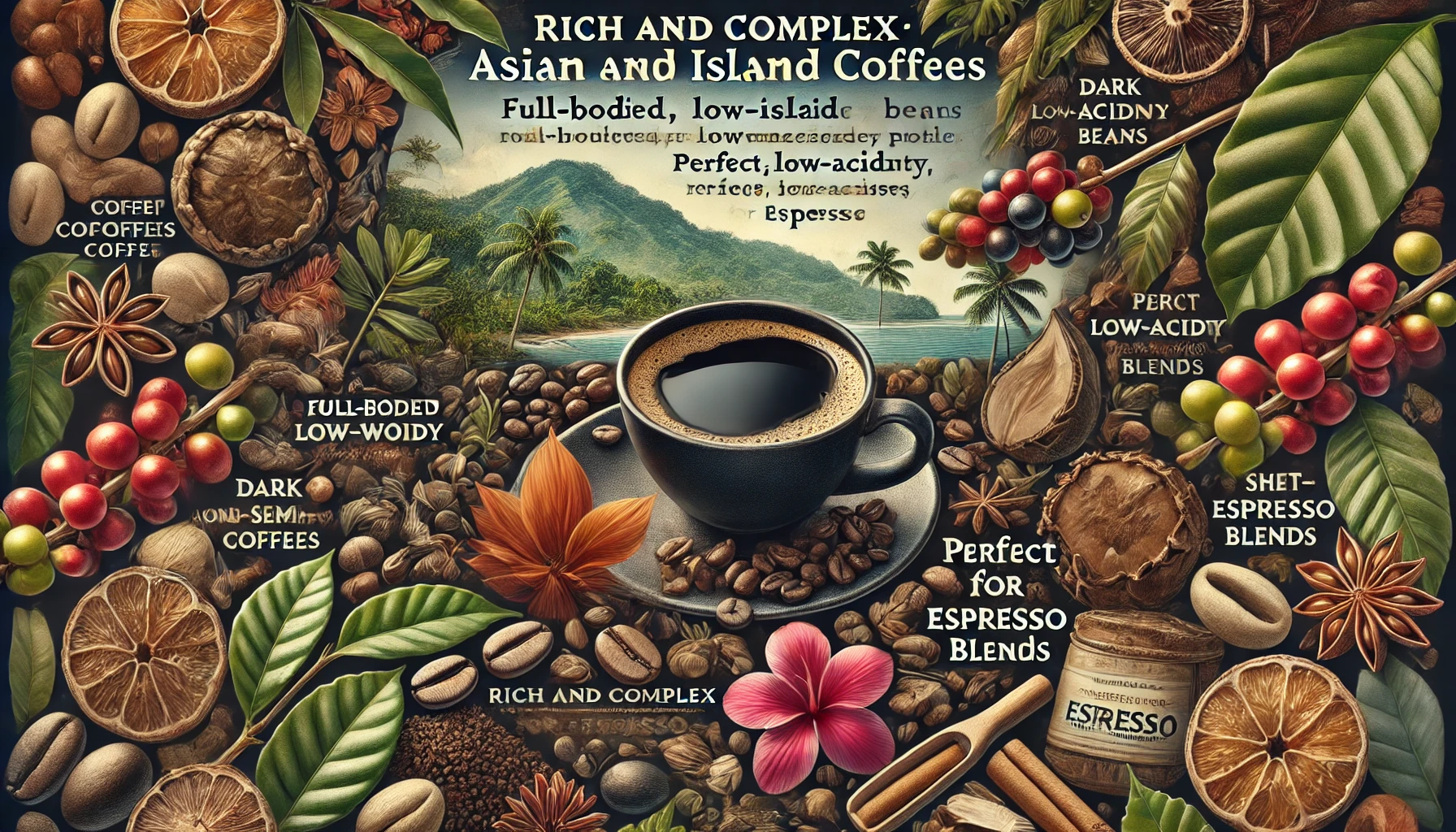 An evocative scene capturing the deep and rich flavors of Asian and island grown coffee beans The image highlights the characteristics of these beanswebp