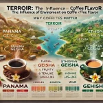 An educational scene comparing the flavor differences between Panama Geisha and Ethiopian Geisha coffee varieties The image features two cups of coffwebp