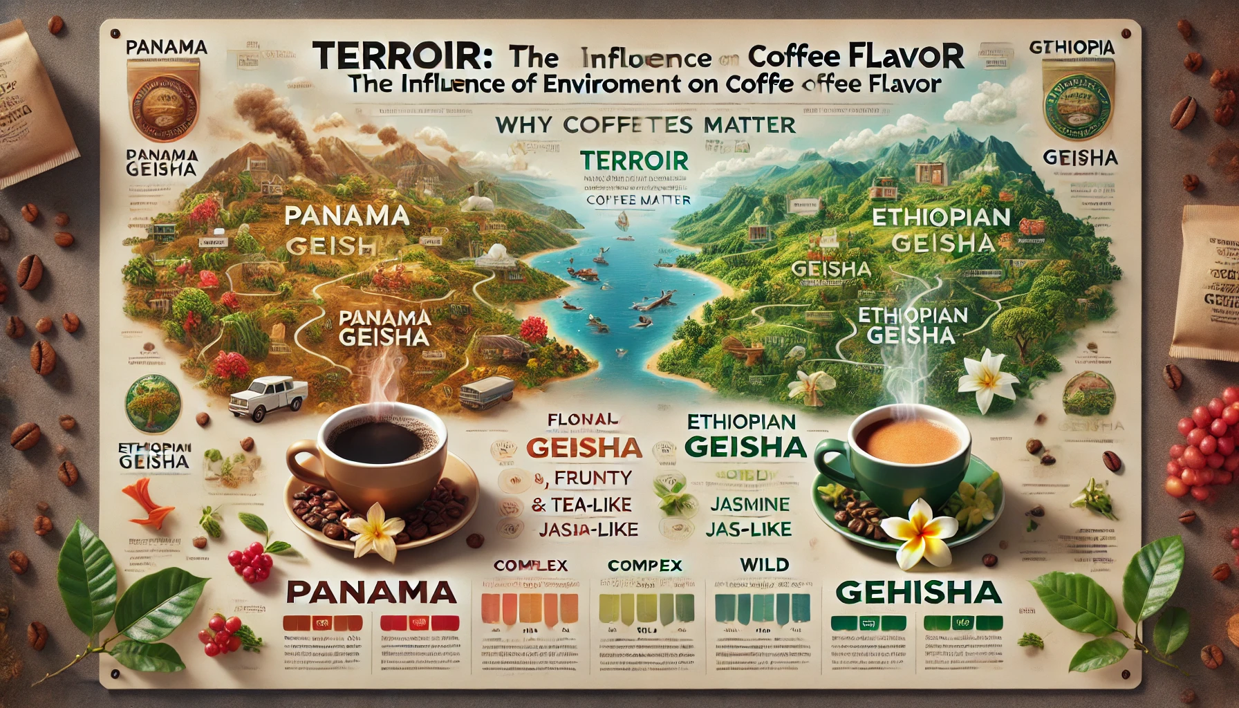 An educational scene comparing the flavor differences between Panama Geisha and Ethiopian Geisha coffee varieties The image features two cups of coffwebp