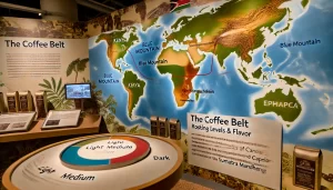 An educational scene illustrating the concept of the Coffee Belt, the region between the Tropics of Cancer and Capricorn where the world's coffee is g.webp