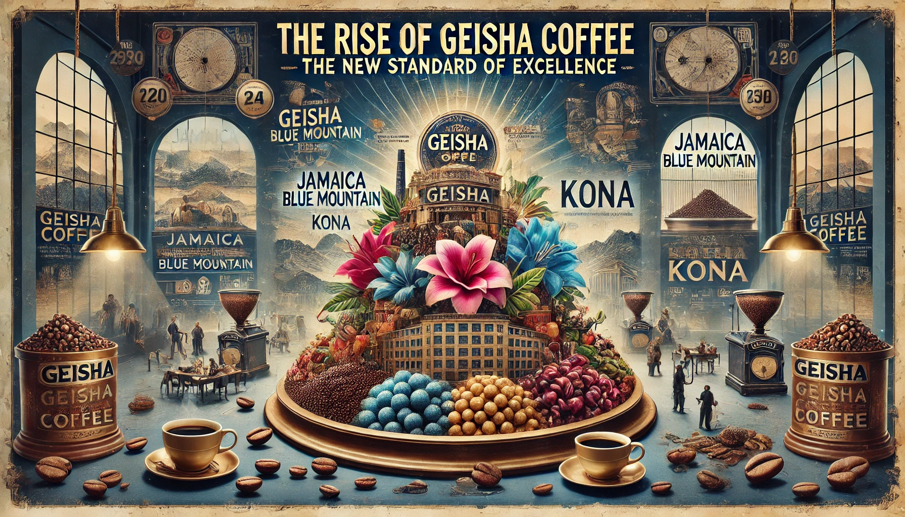 An evocative scene depicting the rise of Geisha coffee as the new king of top tier coffee beans surpassing traditional favorites like Jamaica Blue Mowebp