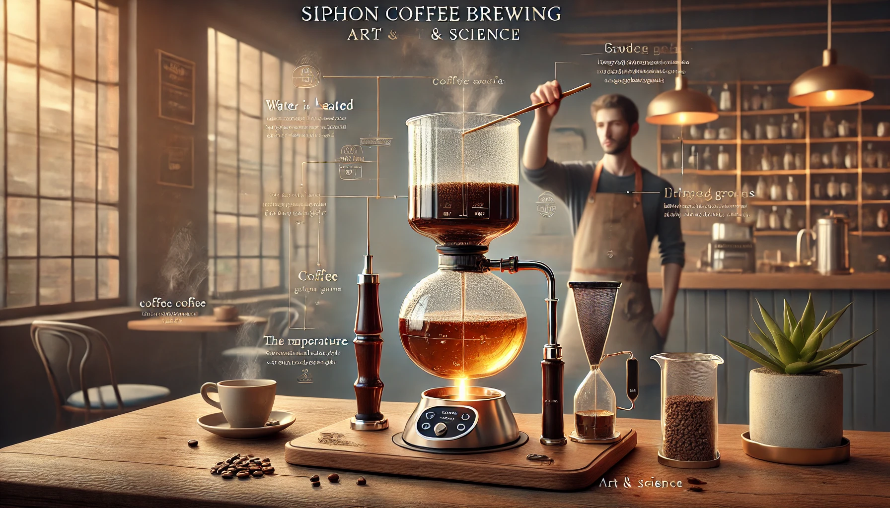 An educational scene explaining the principles of siphon coffee brewing The image features a detailed diagram of a siphon coffee maker showing how wwebp