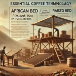 An educational scene introducing the specialized terminology of coffee focusing on the concept of the African Bed or Raised Bed used for drying coffewebp