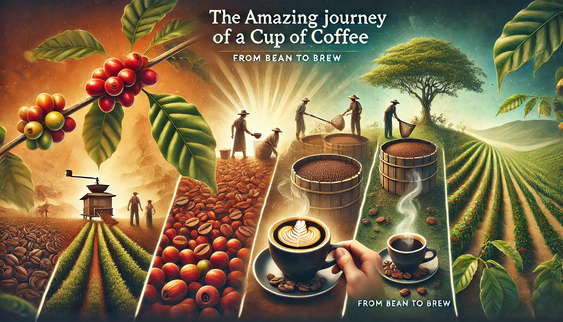 A captivating scene illustrating the journey of a cup of coffee from bean to brew The image features a coffee plant with cherries a hand picking prwebp