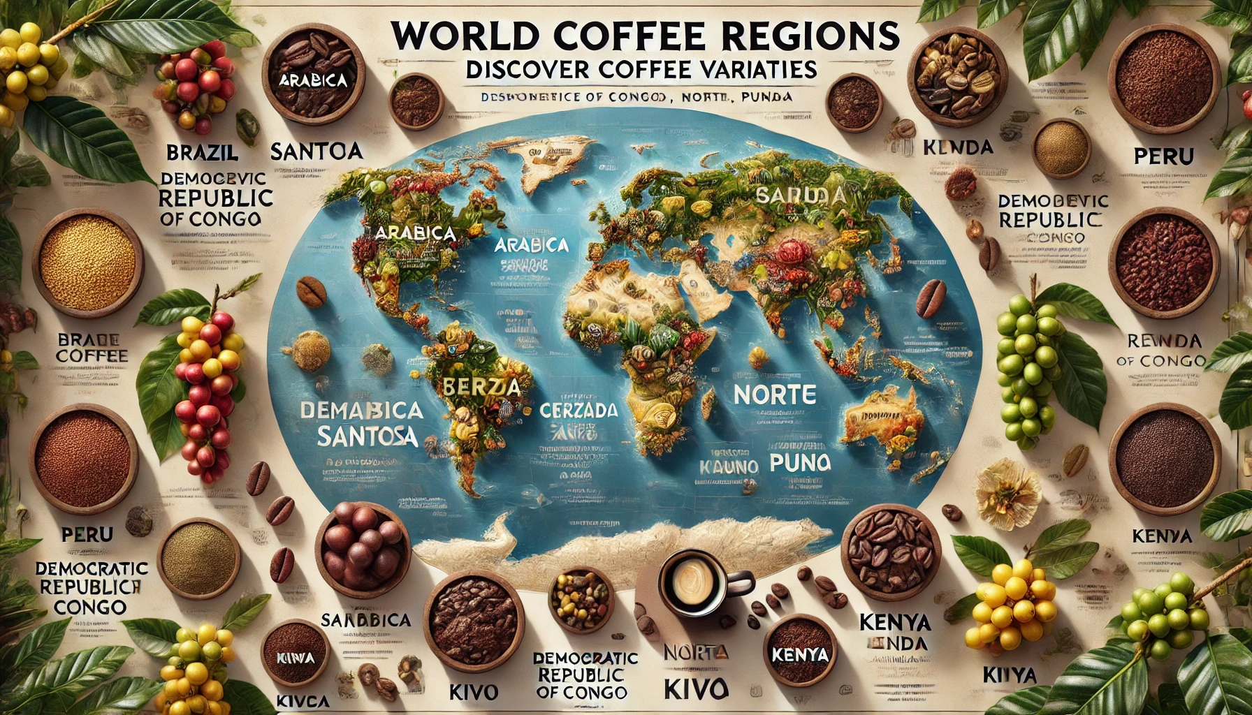 An educational scene highlighting various coffee regions and their distinct coffee varieties from different countries The image features a world map webp