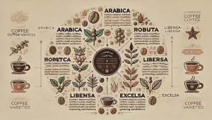 An infographic-style image showing common coffee varieties and their characteristics. The image should feature popular coffee varieties like Arabica, .webp