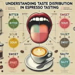 An infographic titled Understanding Taste Distribution in Espresso Tasting showing a diagram of a tongue with labeled regions for different taste pewebp