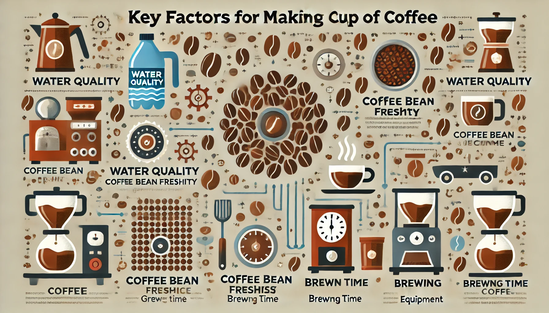 An infographic style image titled Key Factors for Making a Great Cup of Coffee The image should feature several essential factors like water qualitwebp