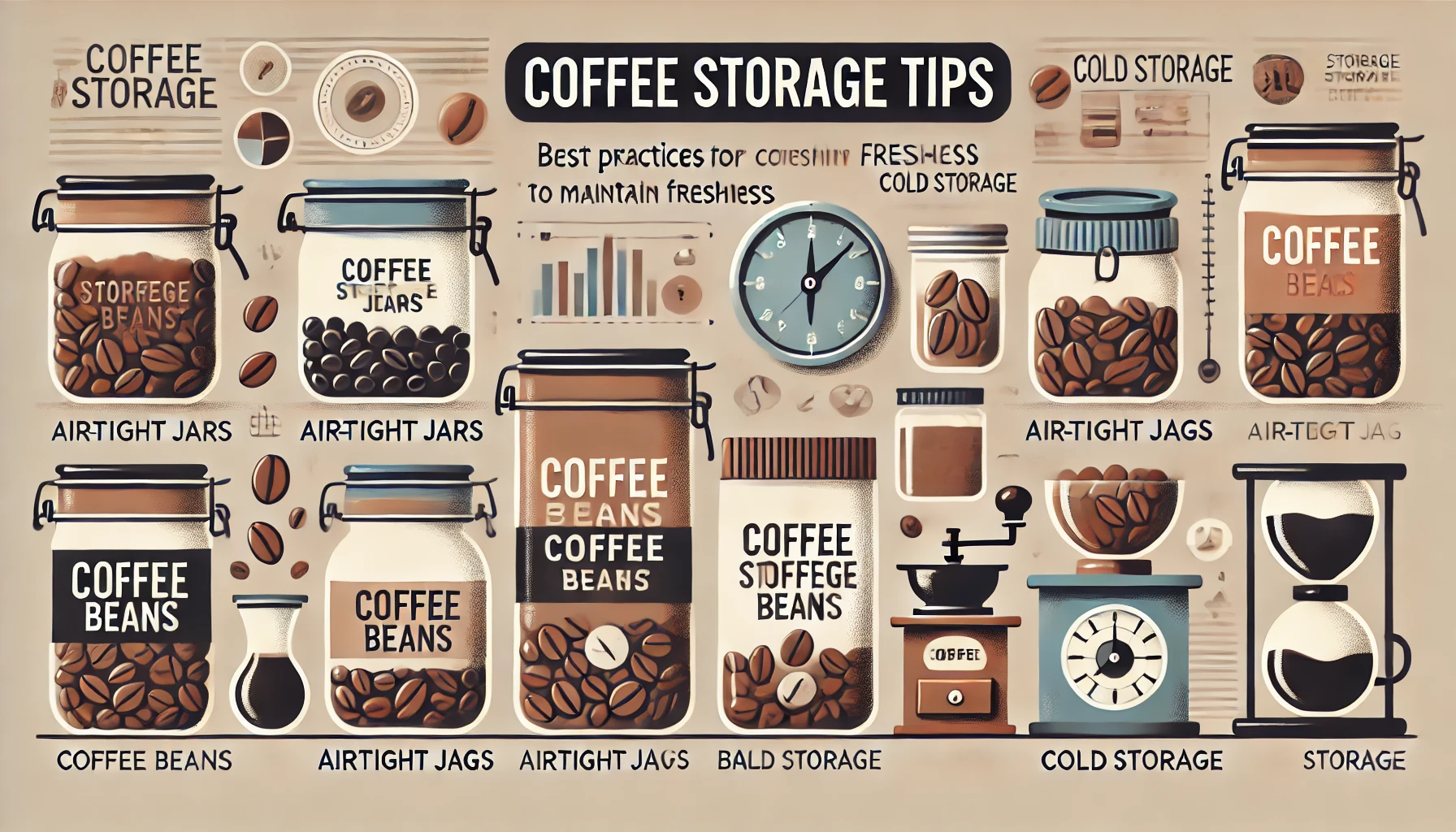 An image titled Coffee Storage Tips showing the best practices for storing coffee beans to maintain freshness The image should feature different tywebp