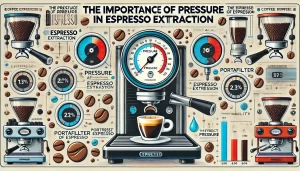 An infographic titled 'The Importance of Pressure in Espresso Extraction' showing how pressure affects the quality of espresso. The image should featu.webp